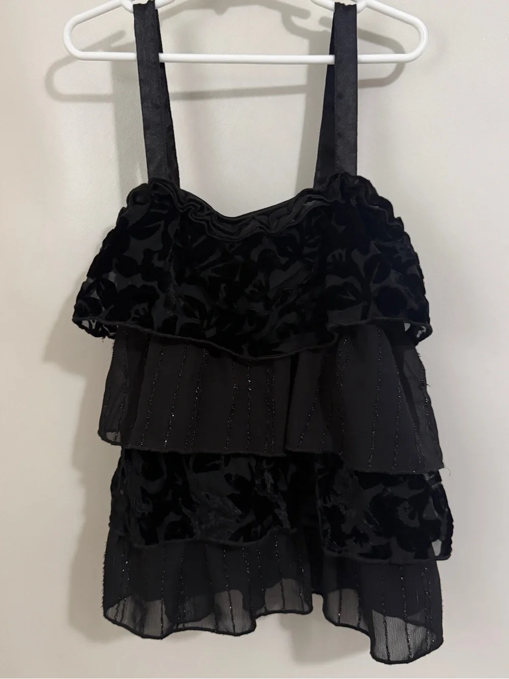 Justice Black Ruffled Velvet & Chiffon Tiered Tank Top Coquette Y2K Cute